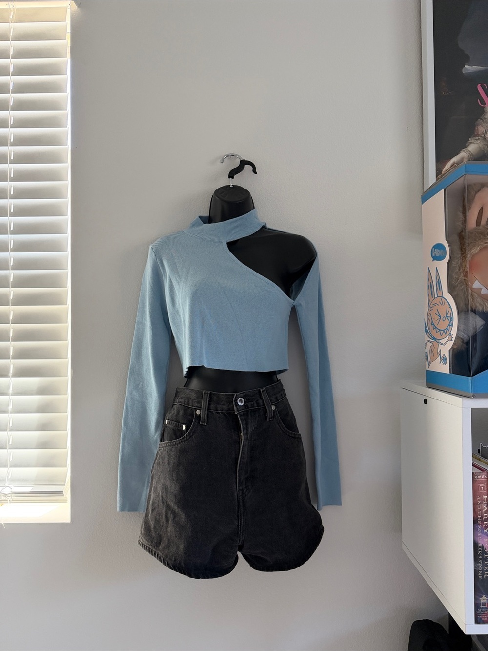 Cider Light Blue Asymmetric Cutout Cropped Top